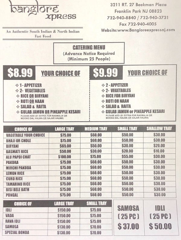 Banglore Express Indian Restaurant in Franklin Park Menu